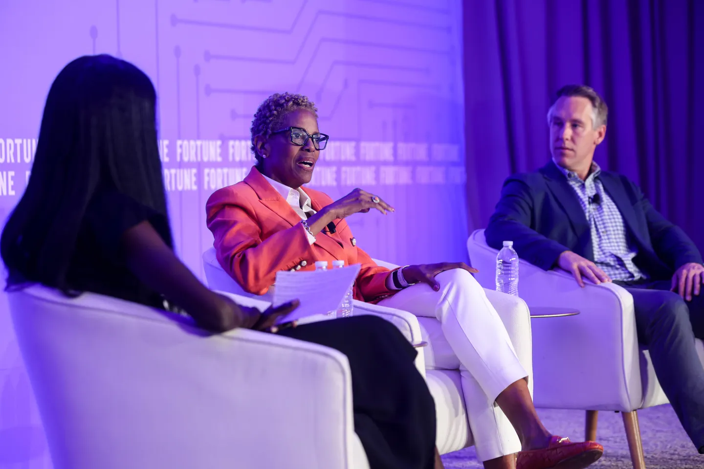 Vernā Myers, diversity consultant, author, lawyer and founder of The Vernā Myers Company, and Anson Frericks, author and founder of venture firm Athletic Capital disucss DEI on stage during the Fortune Workplace Innovation Summit.