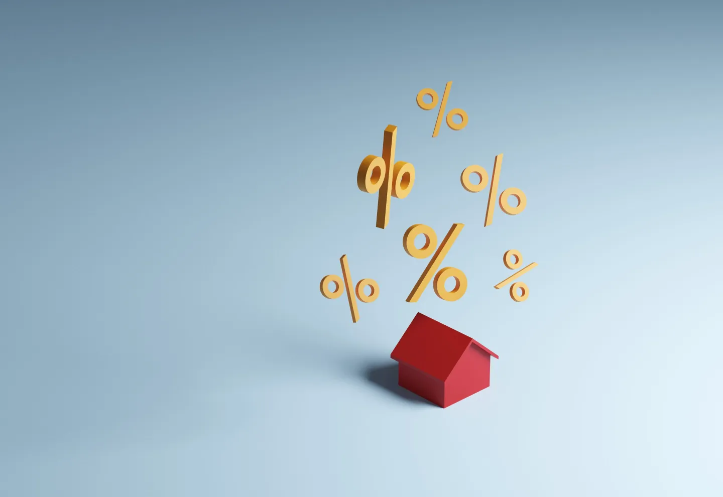 Conceptual image of a single red house with a group of percentage sign hovering above, could illustrate concepts around interest rate, mortgage loan and home finances