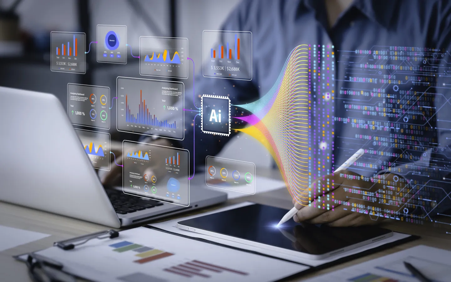 worker uses a computer for analysis of data sets