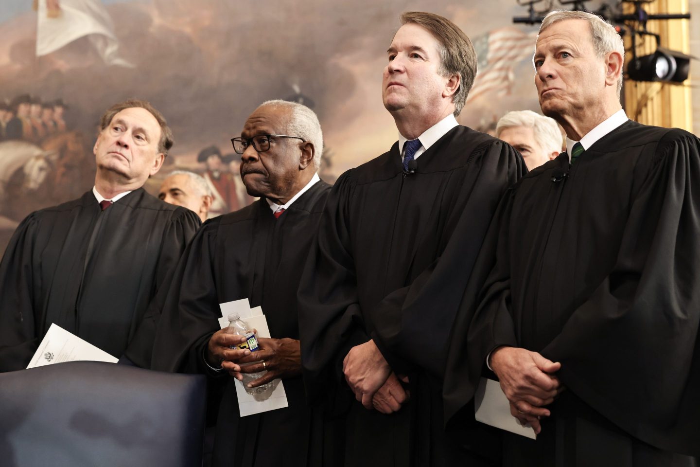 WASHINGTON, DC - JANUARY 20: U.S. Associate Supreme Court Justices Samuel Alito, Jr., Clarence Thomas and Brett Kavanaugh and U.S. Supreme Court Chief Justice John Roberts look on during inauguration ceremonies in the Rotunda of the U.S. Capitol on January 20, 2025 in Washington, DC. Donald Trump takes office for his second term as the 47th president of the United States. (Photo by Chip Somodevilla/Getty Images)