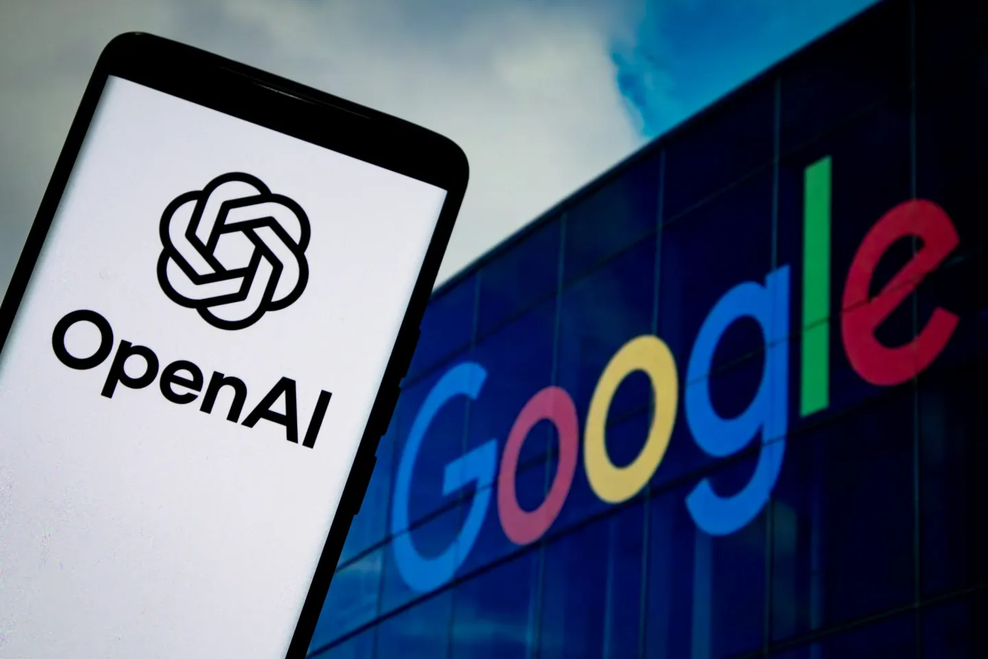 The OpenAI logo and the Google logo in the background