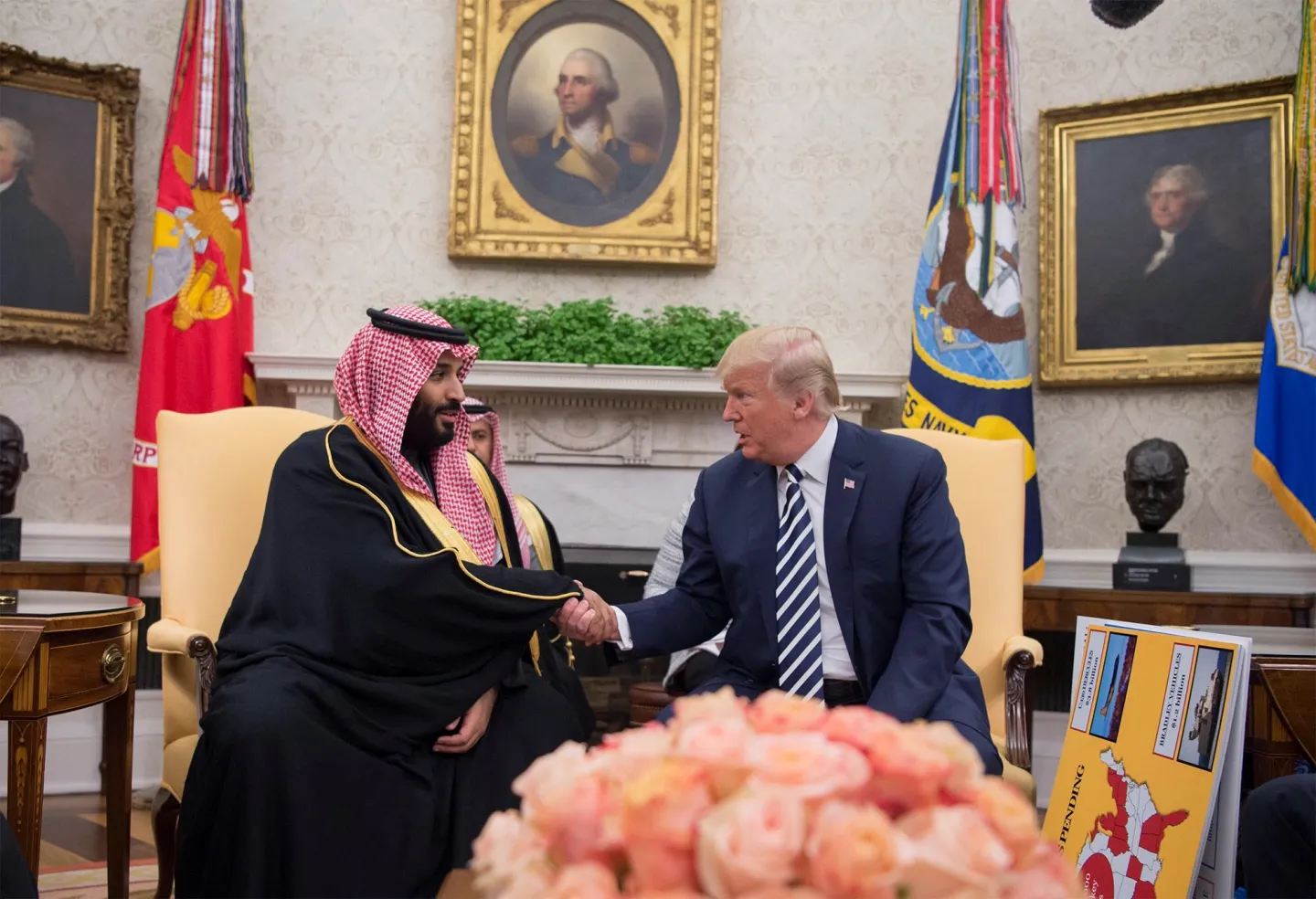 U.S. President Donald Trump (right) meets with Crown Prince Mohammed bin Salman Al Saud of Saudi Arabia in the Oval Office at the White House on March 20, 2018 in Washington, D.C. (Photo: Bandar Algaloud / Saudi Kingdom Council / Handout/Anadolu Agency/Getty Images)